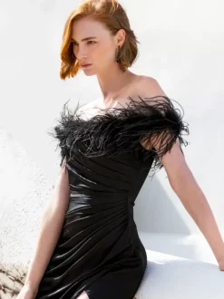 With Cocktail Dress Pretty Mermaid With Train Bateau Neck Feathers Elastic Silk Like Satin