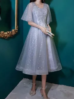 With Cocktail Dress Pretty Tea-Length A-Line V-Neck Lace