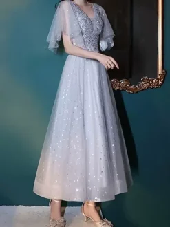 With Cocktail Dress Pretty Tea-Length A-Line V-Neck Lace
