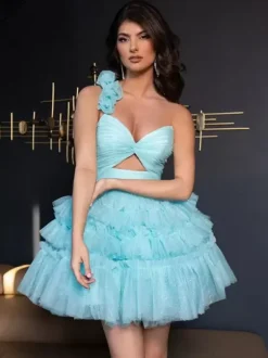 With Homecoming Dress Short Short One-Shoulder Flowers Tulle
