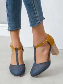 Woman Grey T Strap Heels Round Toe Chunky Heel Pumps