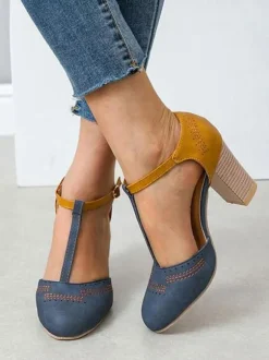 Woman Grey T Strap Heels Round Toe Chunky Heel Pumps