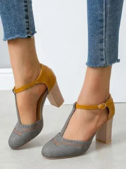 Woman Grey T Strap Heels Round Toe Chunky Heel Pumps