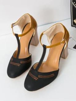Woman Grey T Strap Heels Round Toe Chunky Heel Pumps