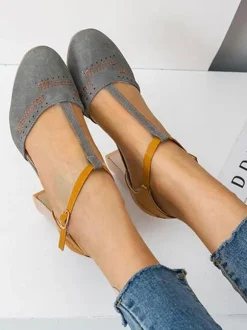 Woman Grey T Strap Heels Round Toe Chunky Heel Pumps
