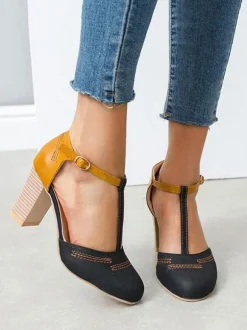 Woman Grey T Strap Heels Round Toe Chunky Heel Pumps