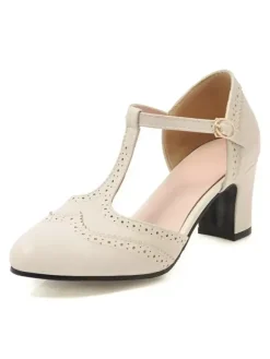 Woman's Mid-Low Heels Almond Toe Chunky Heel T-Type Bandage Vintage Pumps