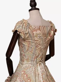 Women Retro Tudor Dress Costumes Print Dress Bow Ruffle Short Sleeves Round Neckline Gown Victorian Era Clothing Costume