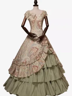 Women Retro Tudor Dress Costumes Print Dress Bow Ruffle Short Sleeves Round Neckline Gown Victorian Era Clothing Costume