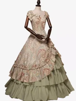 Women Retro Tudor Dress Costumes Print Dress Bow Ruffle Short Sleeves Round Neckline Gown Victorian Era Clothing Costume