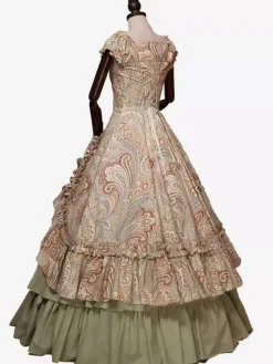 Women Retro Tudor Dress Costumes Print Dress Bow Ruffle Short Sleeves Round Neckline Gown Victorian Era Clothing Costume