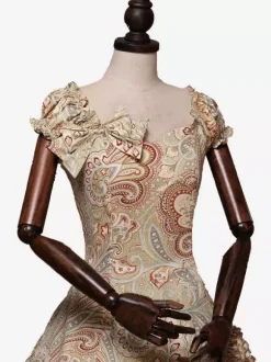 Women Retro Tudor Dress Costumes Print Dress Bow Ruffle Short Sleeves Round Neckline Gown Victorian Era Clothing Costume