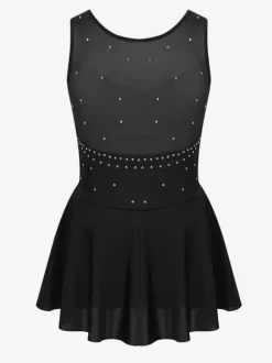 Women And Girl Skating Dress Aqua Polyester Sleeveless Rhineston Skating Dance Costumes