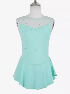 Women And Girl Skating Dress Aqua Polyester Sleeveless Rhineston Skating Dance Costumes