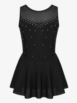 Women And Girl Skating Dress Aqua Polyester Sleeveless Rhineston Skating Dance Costumes
