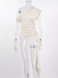 Women Asymmetric One Shoulder Sleeveless Top Side Ruched Draped Sash Blouse