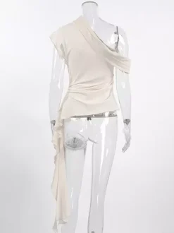 Women Asymmetric One Shoulder Sleeveless Top Side Ruched Draped Sash Blouse
