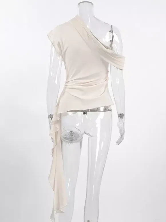 Women Asymmetric One Shoulder Sleeveless Top Side Ruched Draped Sash Blouse