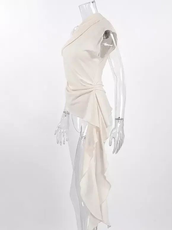 Women Asymmetric One Shoulder Sleeveless Top Side Ruched Draped Sash Blouse