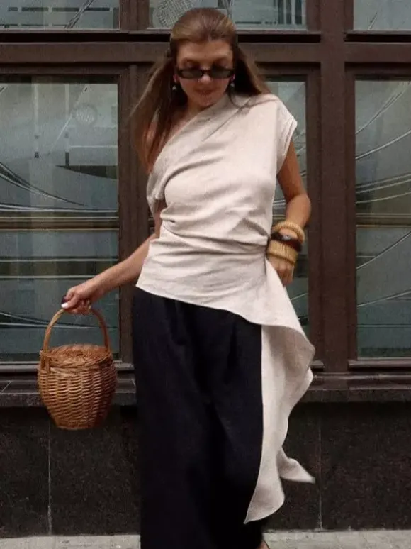 Women Asymmetric One Shoulder Sleeveless Top Side Ruched Draped Sash Blouse