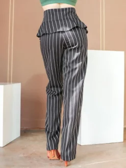 Women Ballroom Dance Costumes Black Polyester Bottoms Stripes Pattern Pants Dancing Wear