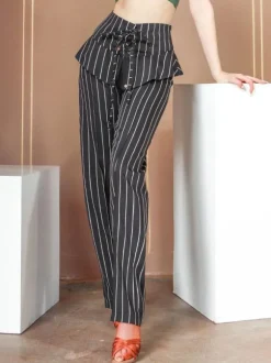 Women Ballroom Dance Costumes Black Polyester Bottoms Stripes Pattern Pants Dancing Wear