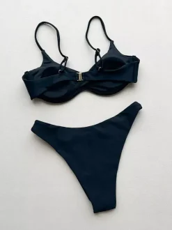 Women Bikini Swimsuit Black Metal Details Summer Beach Bathing Suits