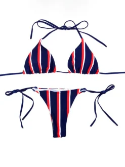 Women Bikini Swimsuit Red Lace Up Stretch Low Rise Waist Summer Sexy Swimwear