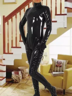 Women Black PVC Adult Bodysuit Shiny Metallic Catsuit