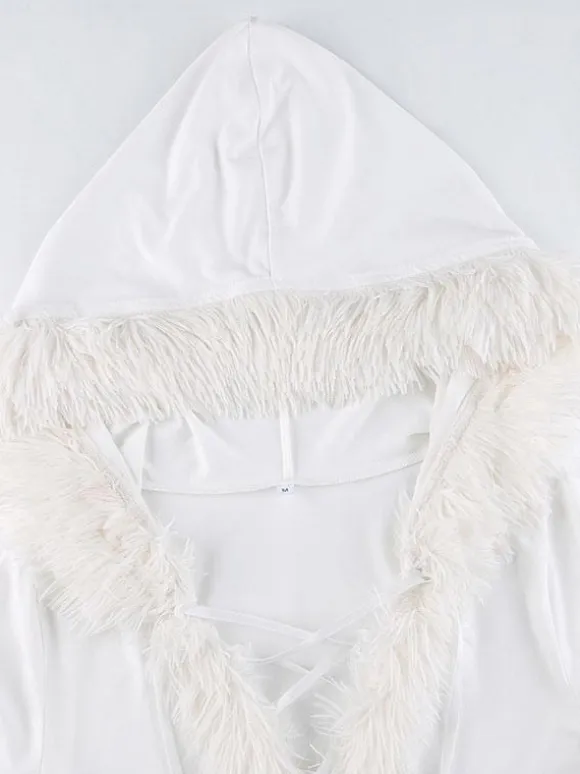 Women Bodycon Dress White Hooded Long Sleeves Stretch Christmas Halloween Cos Holiday Dresses