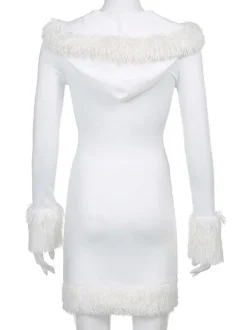 Women Bodycon Dress White Hooded Long Sleeves Stretch Christmas Halloween Cos Holiday Dresses