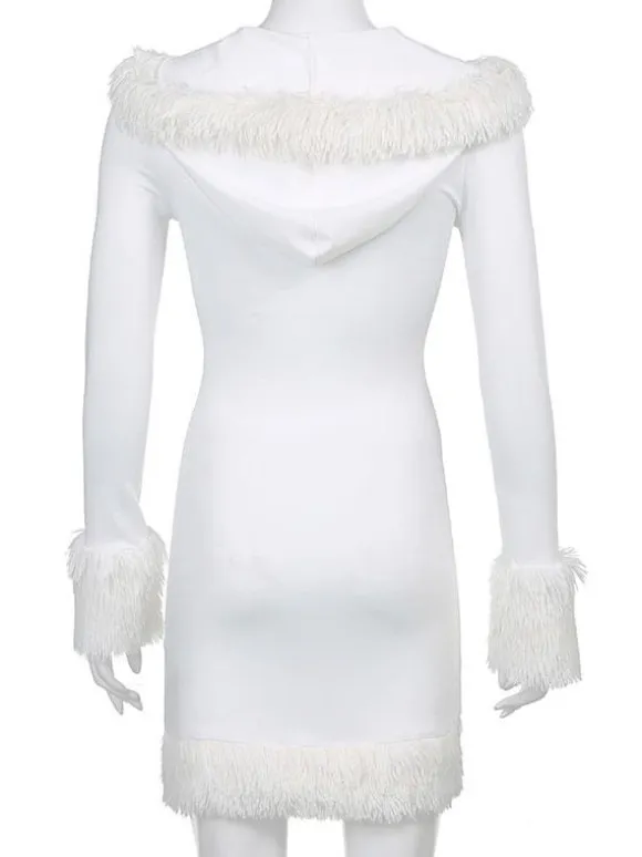 Women Bodycon Dress White Hooded Long Sleeves Stretch Christmas Halloween Cos Holiday Dresses