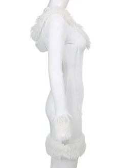 Women Bodycon Dress White Hooded Long Sleeves Stretch Christmas Halloween Cos Holiday Dresses