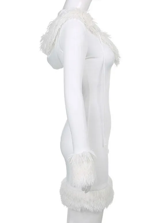 Women Bodycon Dress White Hooded Long Sleeves Stretch Christmas Halloween Cos Holiday Dresses