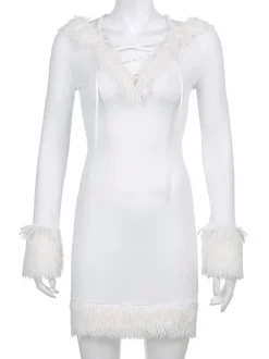 Women Bodycon Dress White Hooded Long Sleeves Stretch Christmas Halloween Cos Holiday Dresses