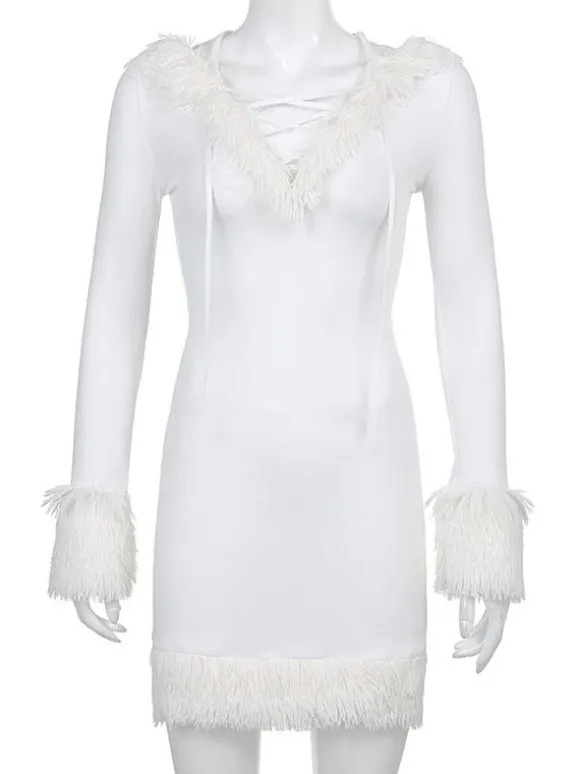 Women Bodycon Dress White Hooded Long Sleeves Stretch Christmas Halloween Cos Holiday Dresses