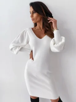 Women Bodycon Dress White V-Neck Casual Long Sleeves Pencil Wrap Dresses