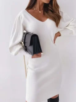 Women Bodycon Dress White V-Neck Casual Long Sleeves Pencil Wrap Dresses
