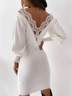 Women Bodycon Dress White V-Neck Casual Long Sleeves Pencil Wrap Dresses
