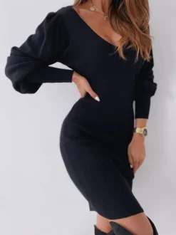 Women Bodycon Dress White V-Neck Casual Long Sleeves Pencil Wrap Dresses