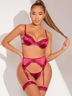 Women Bra Pink Lace Matte Satin Lingerie