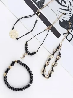 Women Bracelet Black Crochet Faux Leather Non Stone Multi-Chain Chain Woven Bracelets