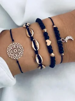 Women Bracelet Black Crochet Faux Leather Non Stone Multi-Chain Chain Woven Bracelets