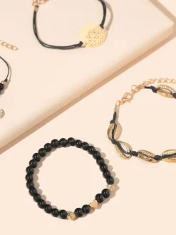 Women Bracelet Black Crochet Faux Leather Non Stone Multi-Chain Chain Woven Bracelets
