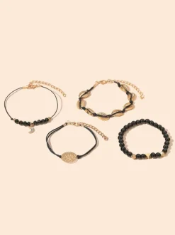 Women Bracelet Black Crochet Faux Leather Non Stone Multi-Chain Chain Woven Bracelets