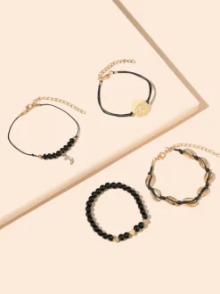 Women Bracelet Black Crochet Faux Leather Non Stone Multi-Chain Chain Woven Bracelets