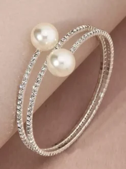 Women Bracelet White Pearls Rhinestone Round Brilliant Spiral Chain Circles Bracelets