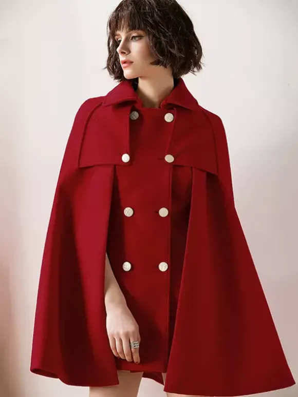 Women Burgundy Wool Blend Poncho Oversized Cape Coat Winter Outerwear 2026