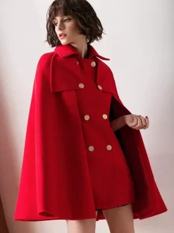 Women Burgundy Wool Blend Poncho Oversized Cape Coat Winter Outerwear 2026