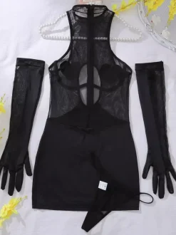 Women Chemise Black Lace Up Leopard Print Backless Lingerie 3-Piece Sets